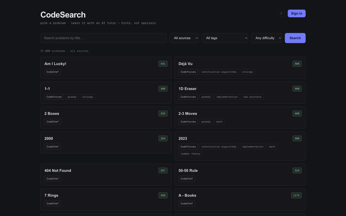 CodeSearch interface showing a competitive programming problem library